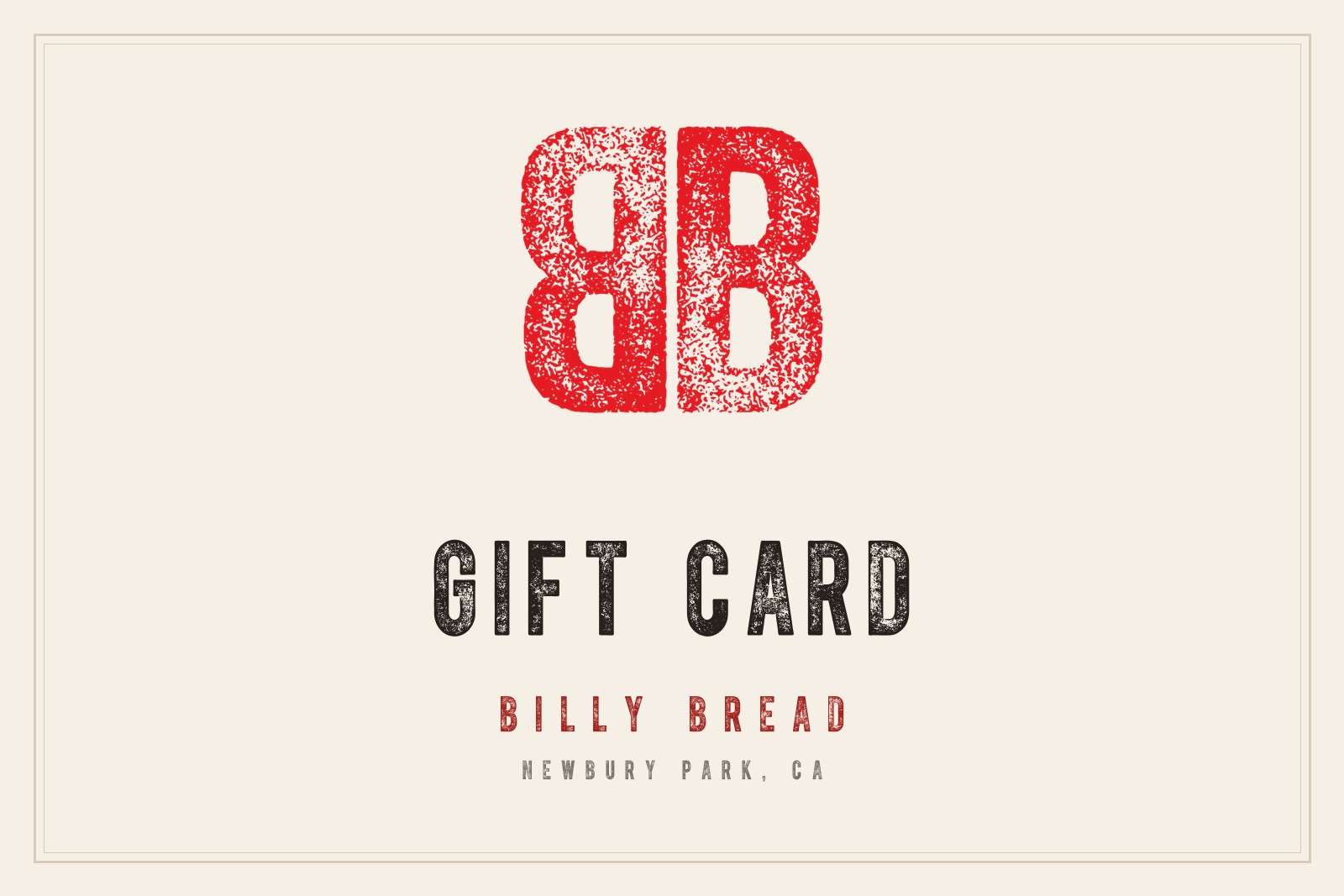 Billy Bread gift card, red BB monogram and GIFT CARD lettering on parchment.