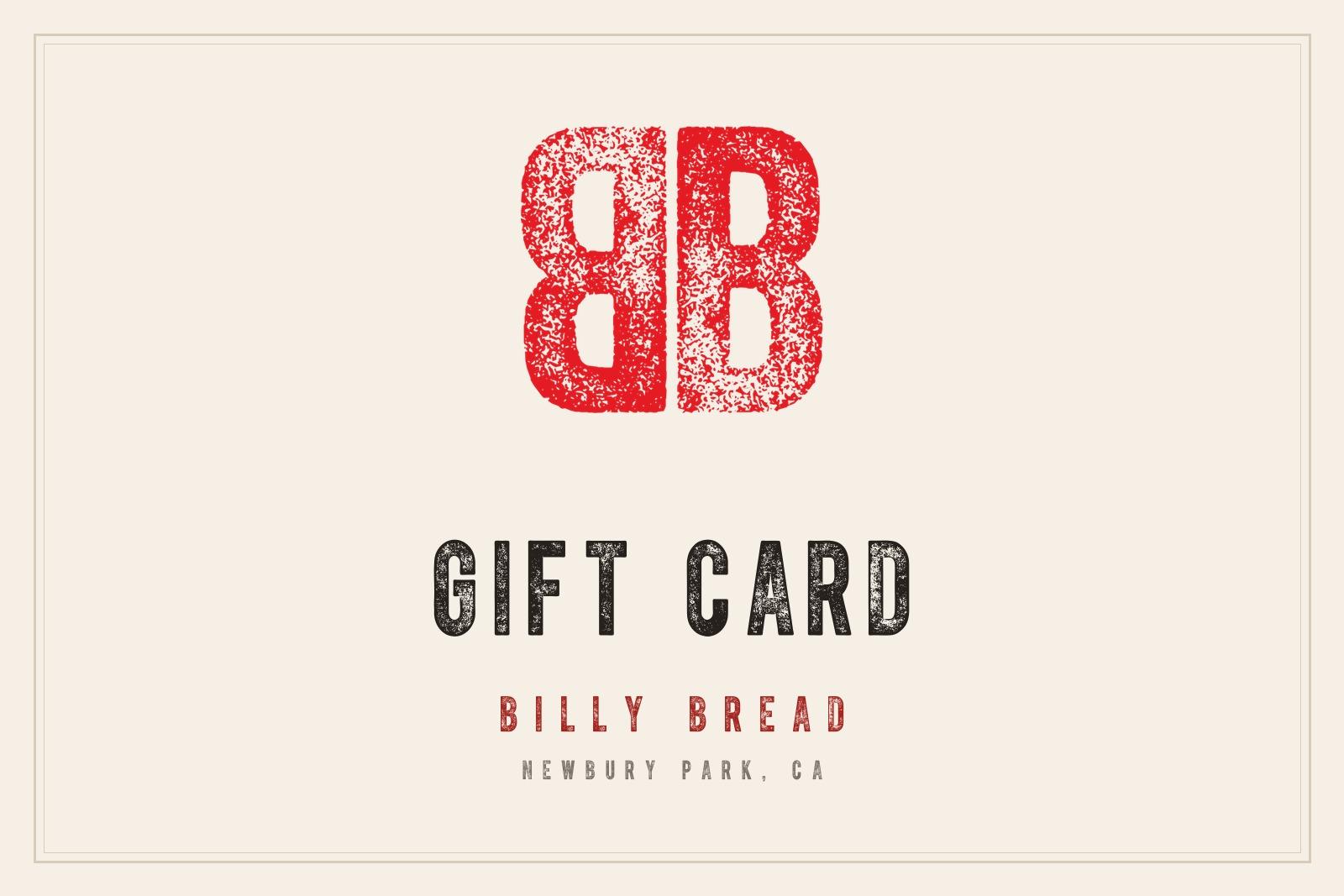 Billy Bread gift card — red BB monogram and GIFT CARD lettering on parchment.